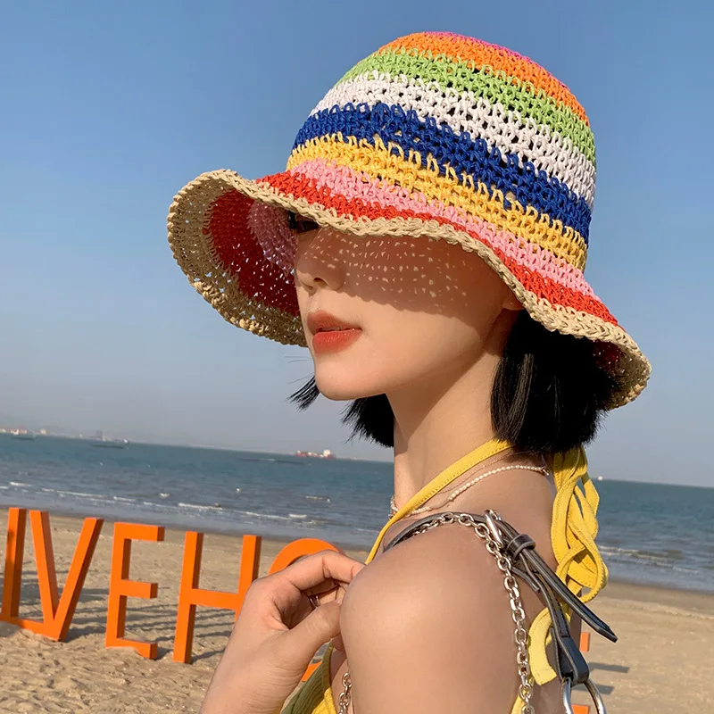 Rainbow Women\'s Panama Handmade Knitted Crochet Hat UV Protection Visors Sun Hat Summer Beach Foldable Outdoor Cap Gorras