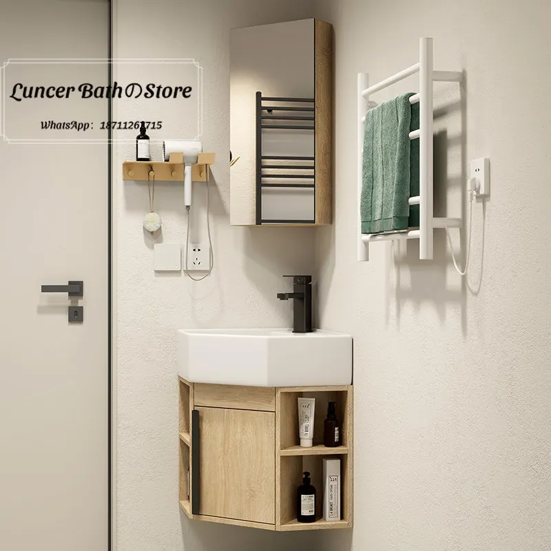 Space Saving Triangle Corner Bathroom Vanity Integrated Wash Basin Cabinet with Side Storage for Household Washroom