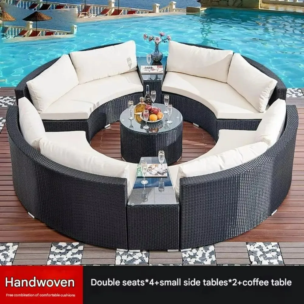 فعالة من حيث التكلفة منحني في الهواء الطلق مجموعة مضفر PE الخوص الروطان التصميم الحديث مقاومة الطقس سبائك الألومنيوم الإطار حديقة فناء