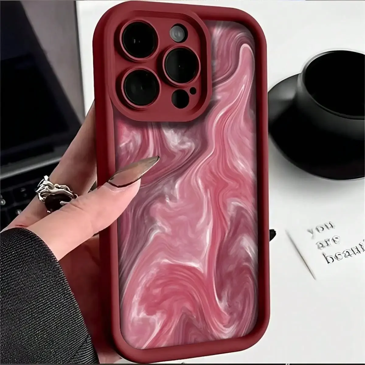 Burgundy Aesthetic Marble Pattern Embossed TPU Phone Case, Soft Anti-Drop Waterproof Protective Cover Compatible With iPhone