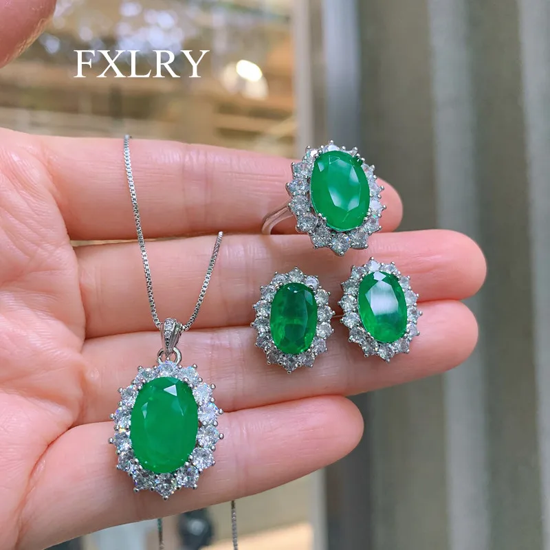 

FXLRY High Quality AAA Cubic Zirconia Imitation Emerald Geometric Pendant Necklace Ring Earrings For Women Jewelry Set