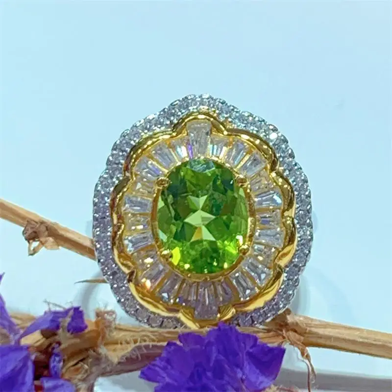 Zecaa jóias finas mulher anel de peridoto com pedra preciosa de peridoto natural 7*9mm prata vintage anel de peridoto para menina senhora namoro presente