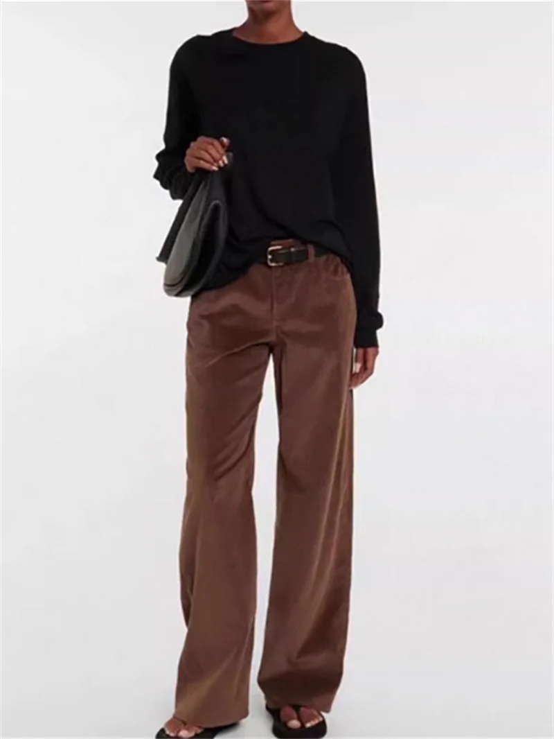 Ladies High Waist Wide Leg Long Trousers Autumn New Women Khaki Corduroy Pants Versatile