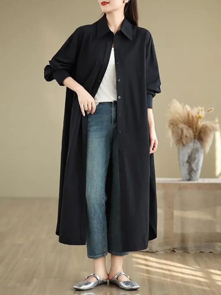 

Korean Style Fashion 2025 Women's Blue Single Breasted Loose Shirt Autumn Black White Long Sleeve Holiday Blouse Simplicity Chic