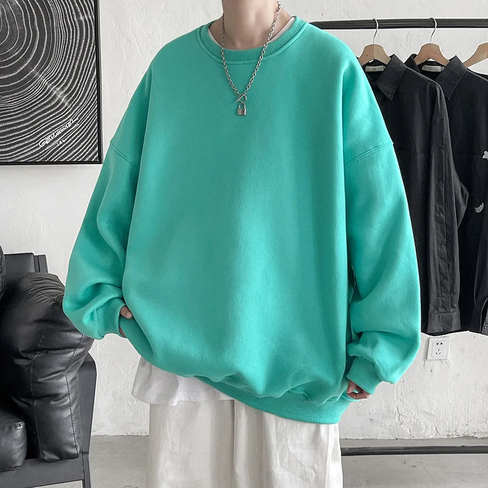 

TRSYPHXM 2024 new Round neck men's spring and autumn trendy loose fitting pullover top, couple plus size solid color base shirt