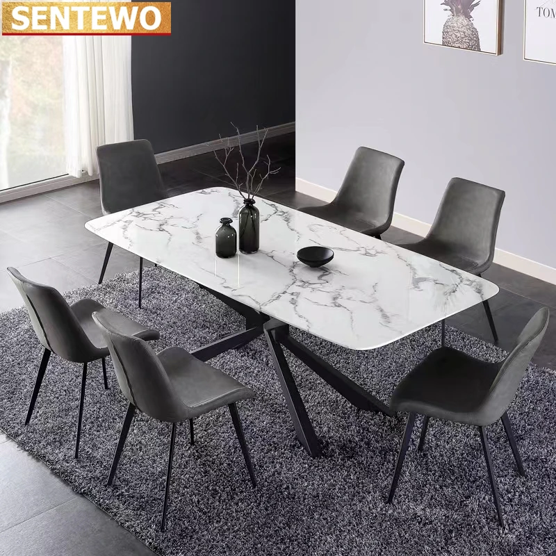 SENTEWO Ltalian Luxury Marble Dining Table with 6 Dinning Chairs Set Metal Carbon Steel Frame Home Furniture Eettafel Comedor