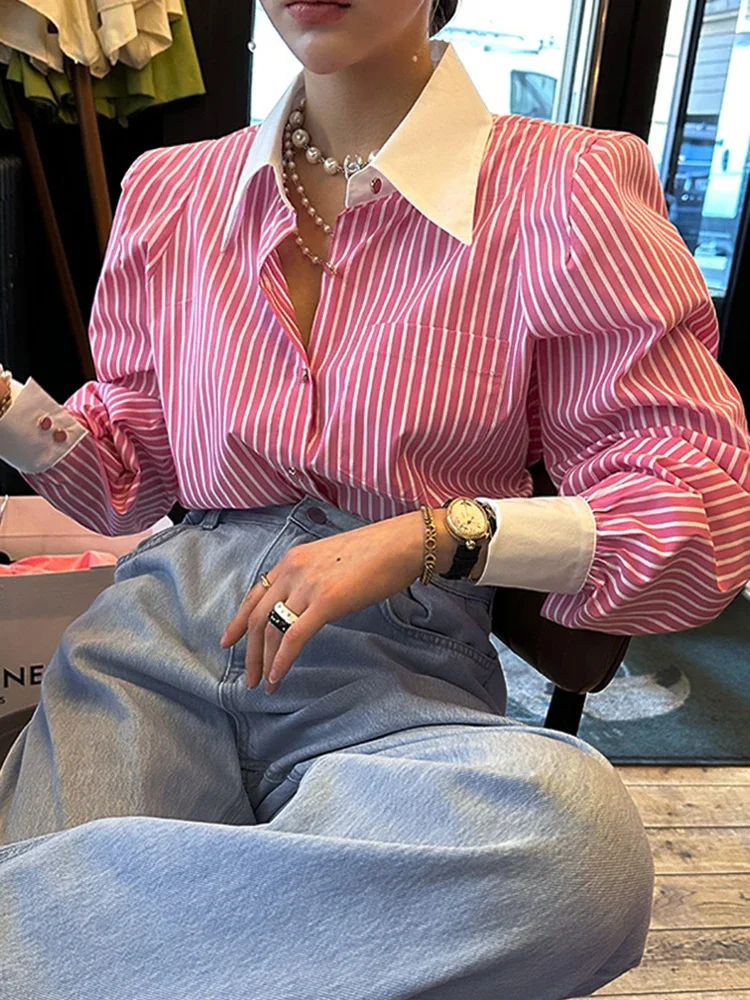 Jmprs Elegant Women Shirts Korean Striped Red Fashion Turn Down Collar Office Ladies Tops Long Sleeve Causal Female Blouse