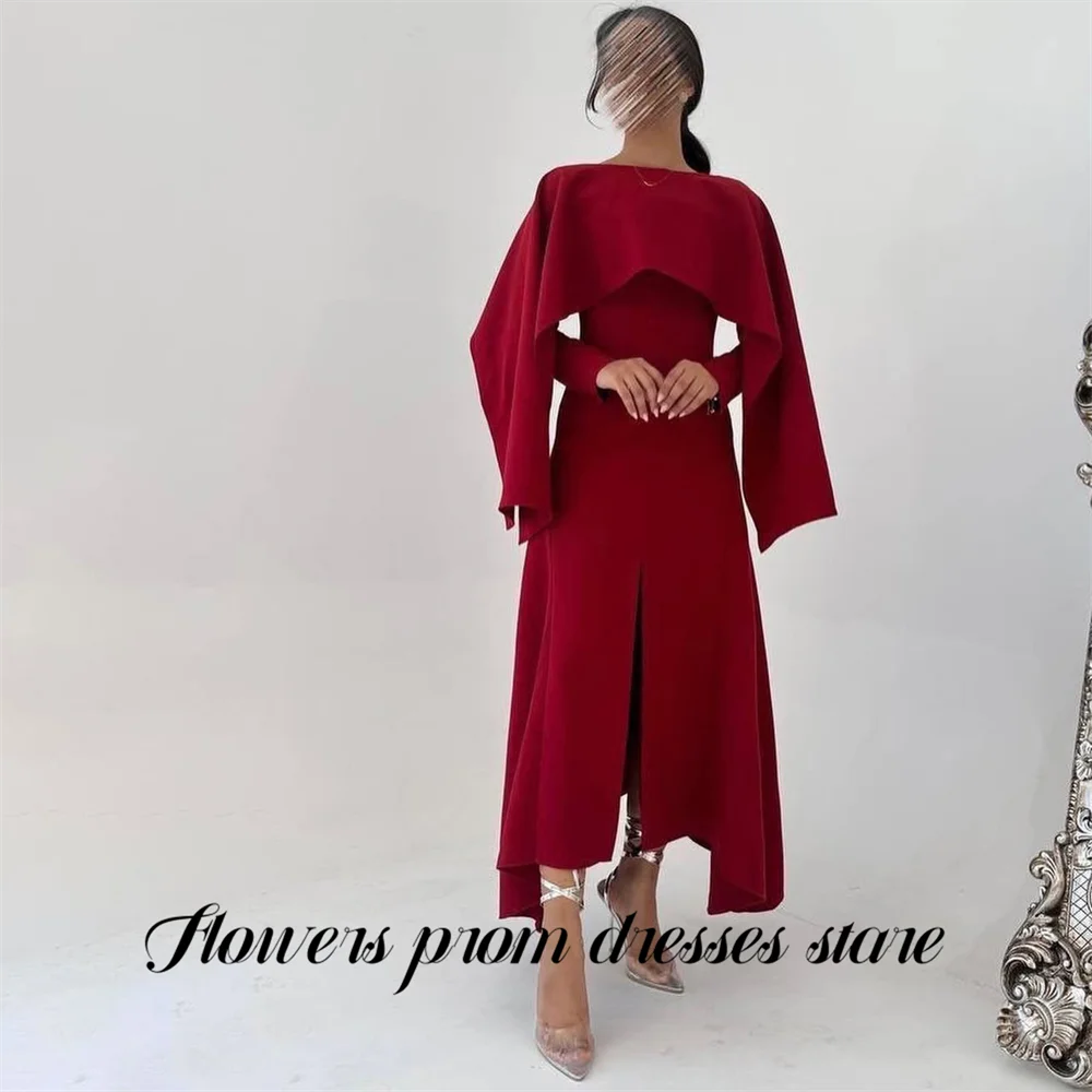 

Flowers Red Evening Dress Off the Shoulder Prom Dress Long Sleeve Party Formal Gown A Line Satin robe de bal Simple Customized