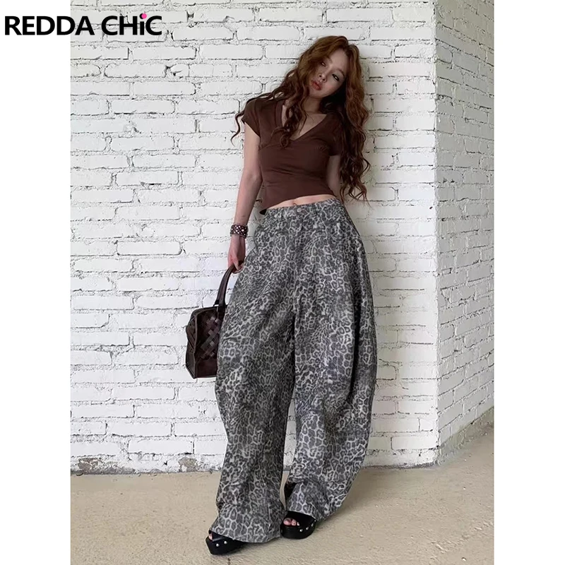 

ReddaChic Snow Leopard Print Boyfriend Jeans Women Y2k Gyaru Low Waist Horseshoe Silhouette Casual Wide Pants Retro Streetwear