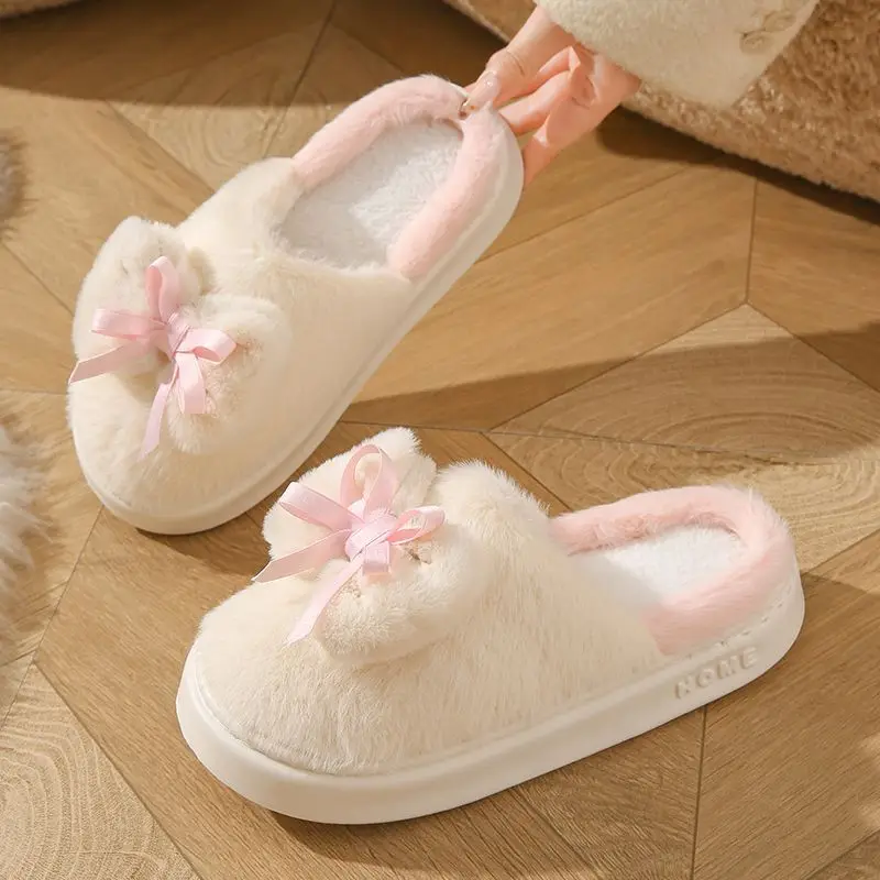 Women Winter Plush Slippers Warm Anti Slip Princess Style Home Outdoor Furry Cat Design Cozy House Shoes for Ladies