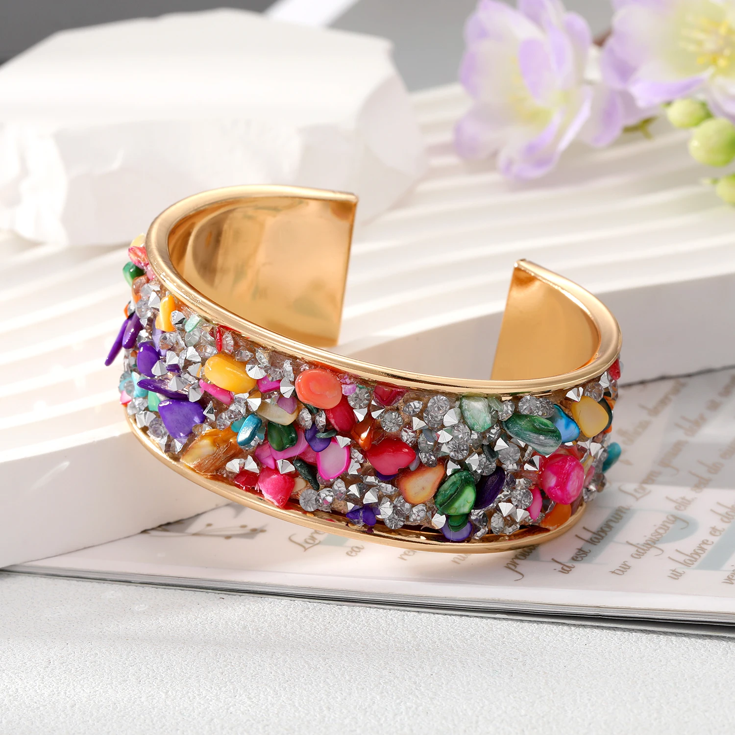 European Bohemian Stone Zircon Bangle Cuff Bracelet For Women New Trendy Gold Color Rhinestone Open Adjustable Wedding Jewelry