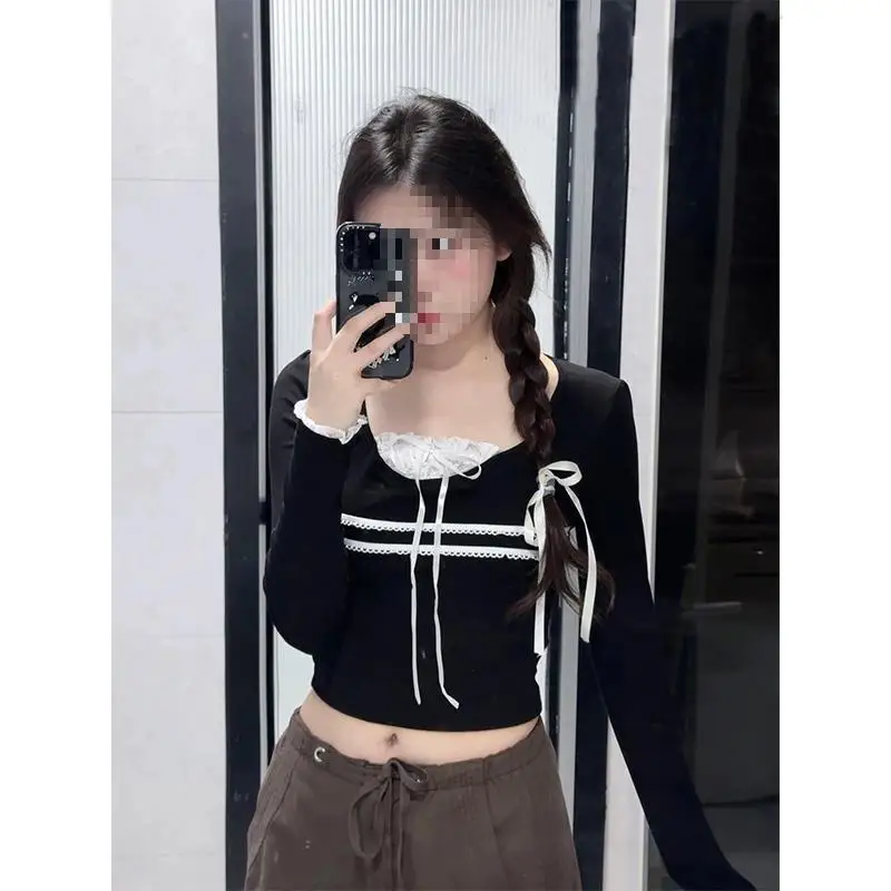 Design Sensation Women's Long Sleeve T-Shirt Lace Splicing Knitted Base Shirt Square Collar Spring Autumn Pure Color