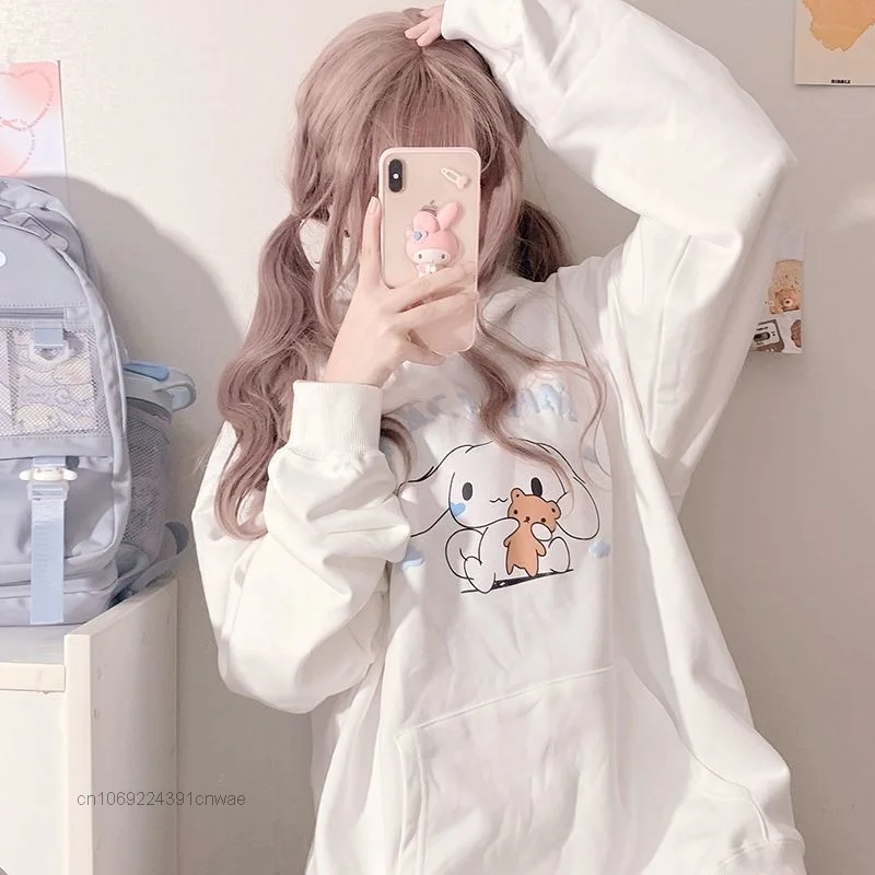 Sanrio Cinnamoroll bluza z kapturem Y2k dziewczyna Cute Anime Cartoon luźny pulower bluza z kapturem kobiety luźna moda wszechstronny Kawaii ubrania