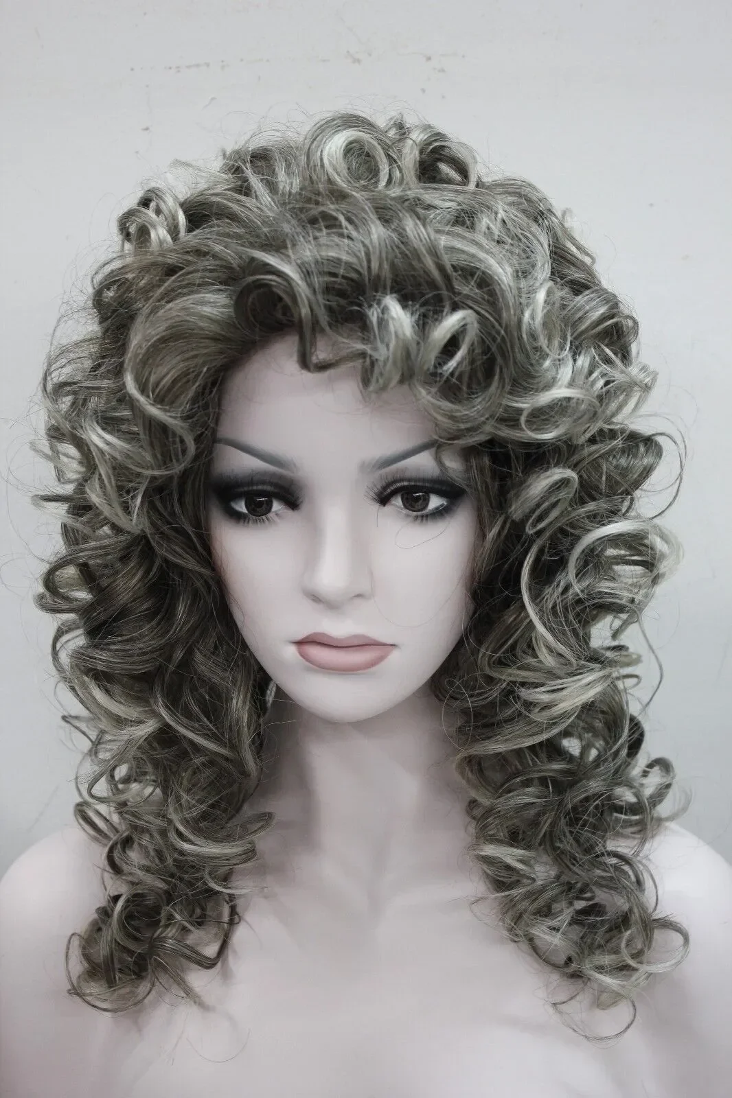 

Beautiful gray mix brown root with tip curly women' 50cm long synthetic hair wigs