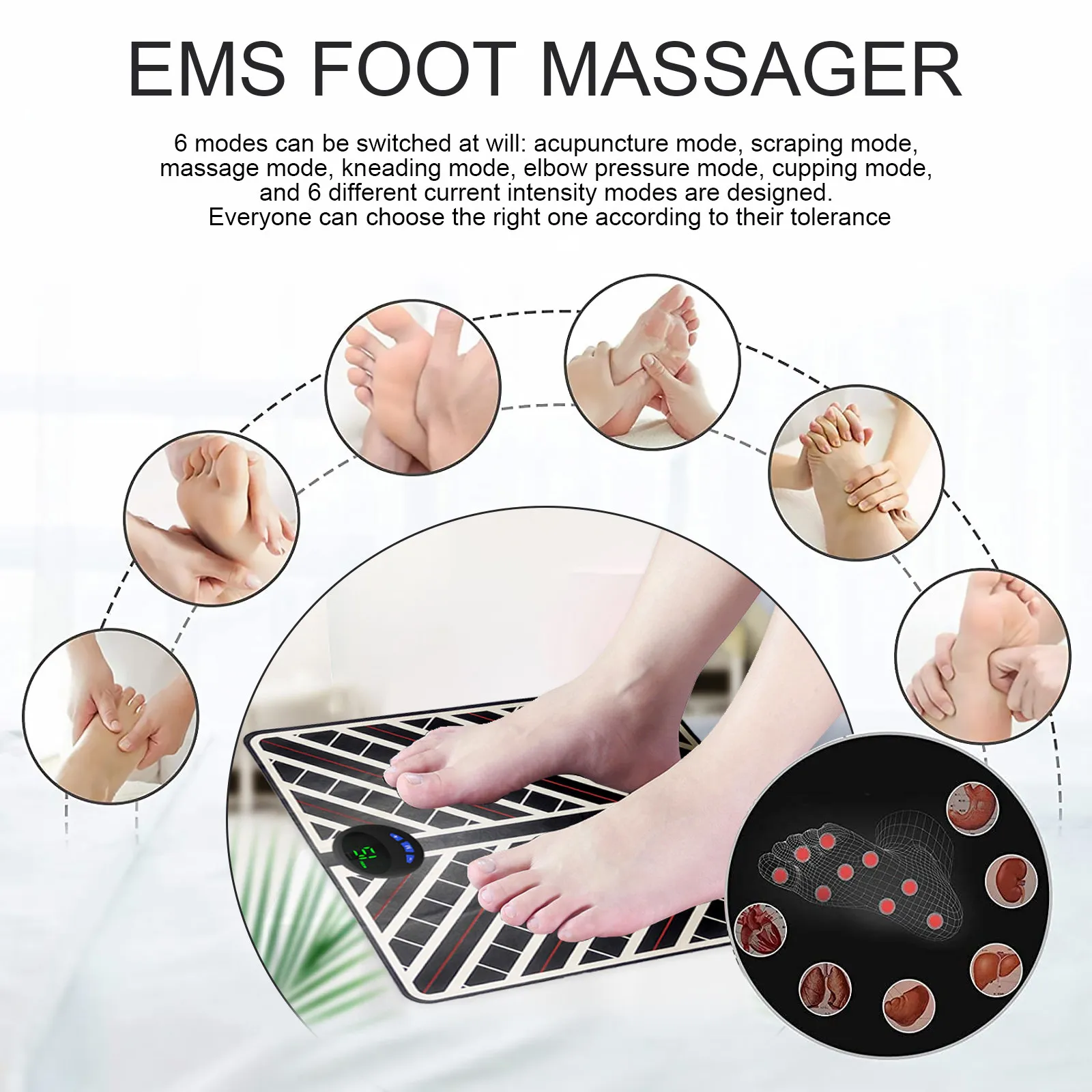 

1Set Electric Foot Massager Pad USB Rechargeable 6 Mode Wireless Control Anti-Stress Foot Device for Better Sleep