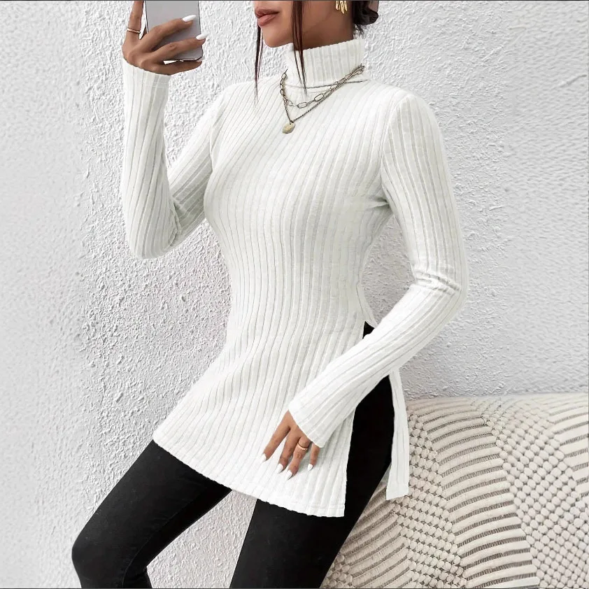 Plus-Size Top High Neck Pullover Top Split Slim Fit Top Ribbed Mid Length Tops Casual Long Sleeve Stretch Solid Color For Women