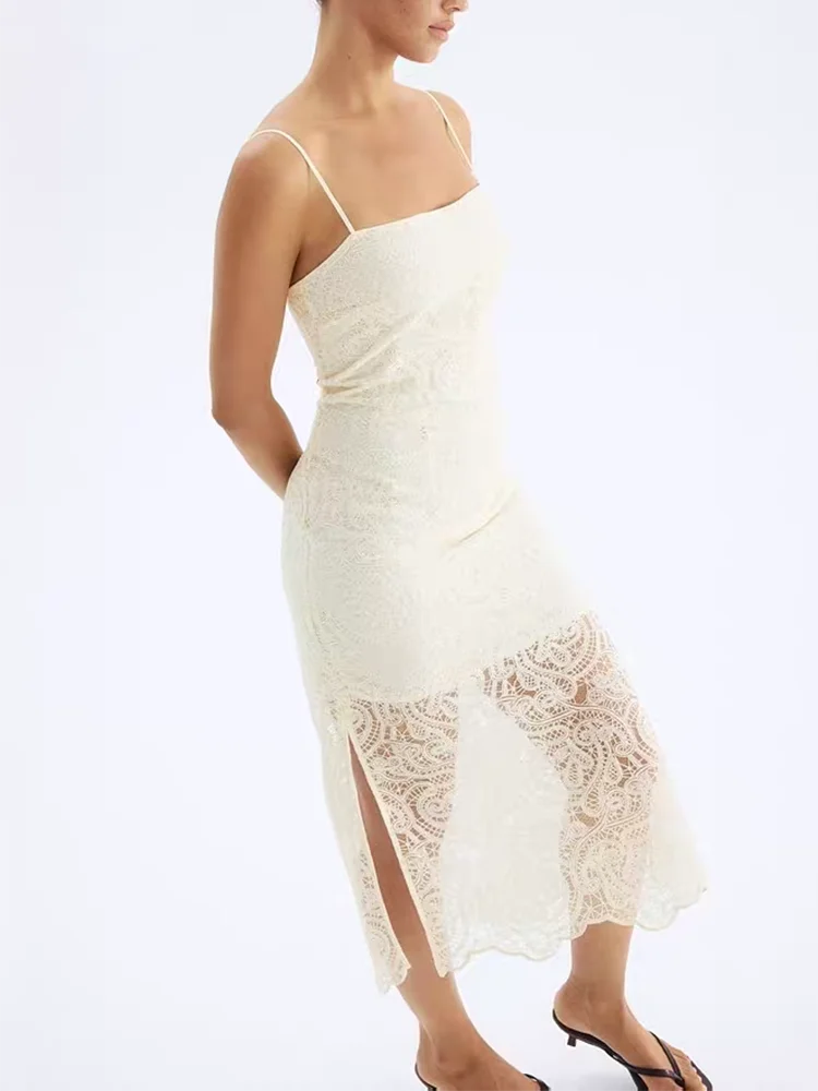 Vestido E de Renda Novo Moda de Verão Roupas Fenas Sem Mangas Midi de Cintura Alta para Festa Vestido de Cor Pura