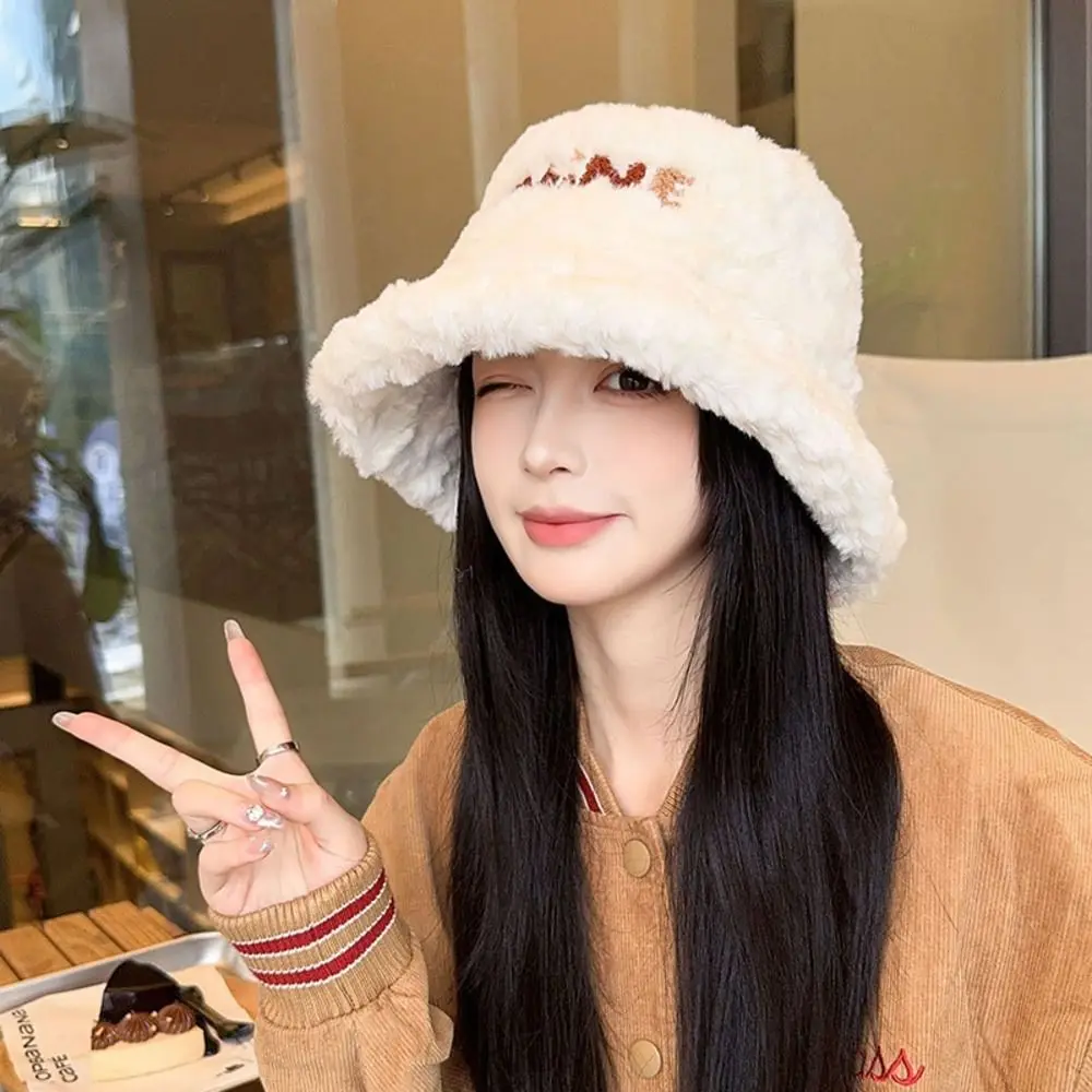 Polyester Women Bucket Hat Fleece Lining Embroidered Design Fuzzy Winter Hat Warm One Size Earflap Sherpa Hat Cold Weather