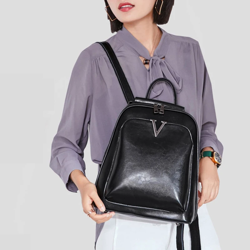 

Women Backpack Shoulder Bags Daypack Oil Wax Genuine Leather School Fashion Retro Cowhide Female Rucksack Backpacks