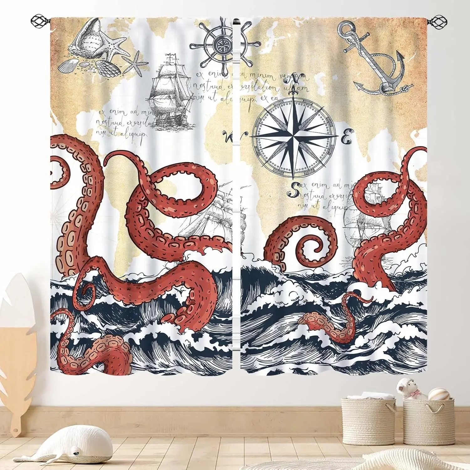 Decorative Nautical Pirate Curtain Pair Drapes Vintage Ocean Map Sea Creature Window Treatment Retro Coastal Maritime Decor