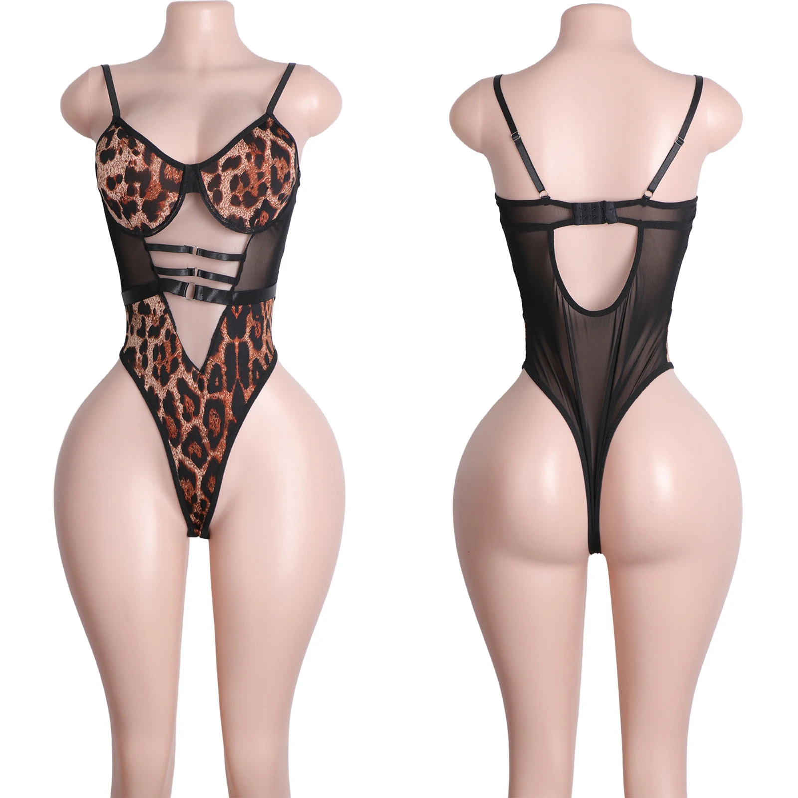 ヒョウ柄 Tバックベルトバックルレオタードボディスーツセクシーなパフォーマンスダンスウェアブラジャータイトな服女性のためのユニークなデザイン