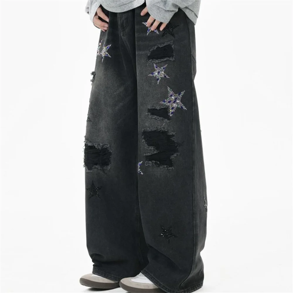 MWJLPWQ Ripped Distressed Jeans For Men Trendy Five-Pointed Star Rhinestone Design Unique Niche Loose Wide-Leg Trousers 20280
