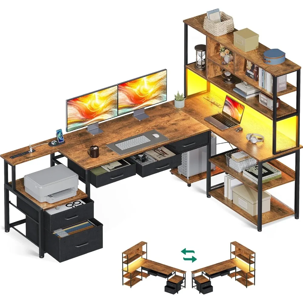 

79 Inch L Shaped Computer Desk With Drawers & Storage Shelves For Home Office, Reversible L Shaped Gaming Desk