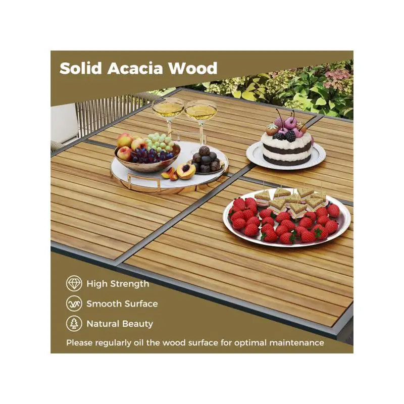 43,5 inch vierkante buitentafel van acaciahout - metalen X-frame, stoelen 4, natuurlijke afwerking, zwarte accenten, capaciteit van 180 lbs