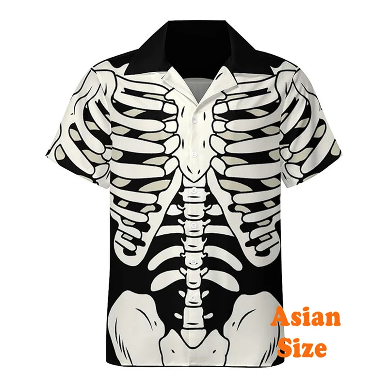 White Skeleton Print Hawaii Shirt For Men Street Harajuku Lapel Shirts Hip Hop Personality Streetwear Summer Popular New Blouse