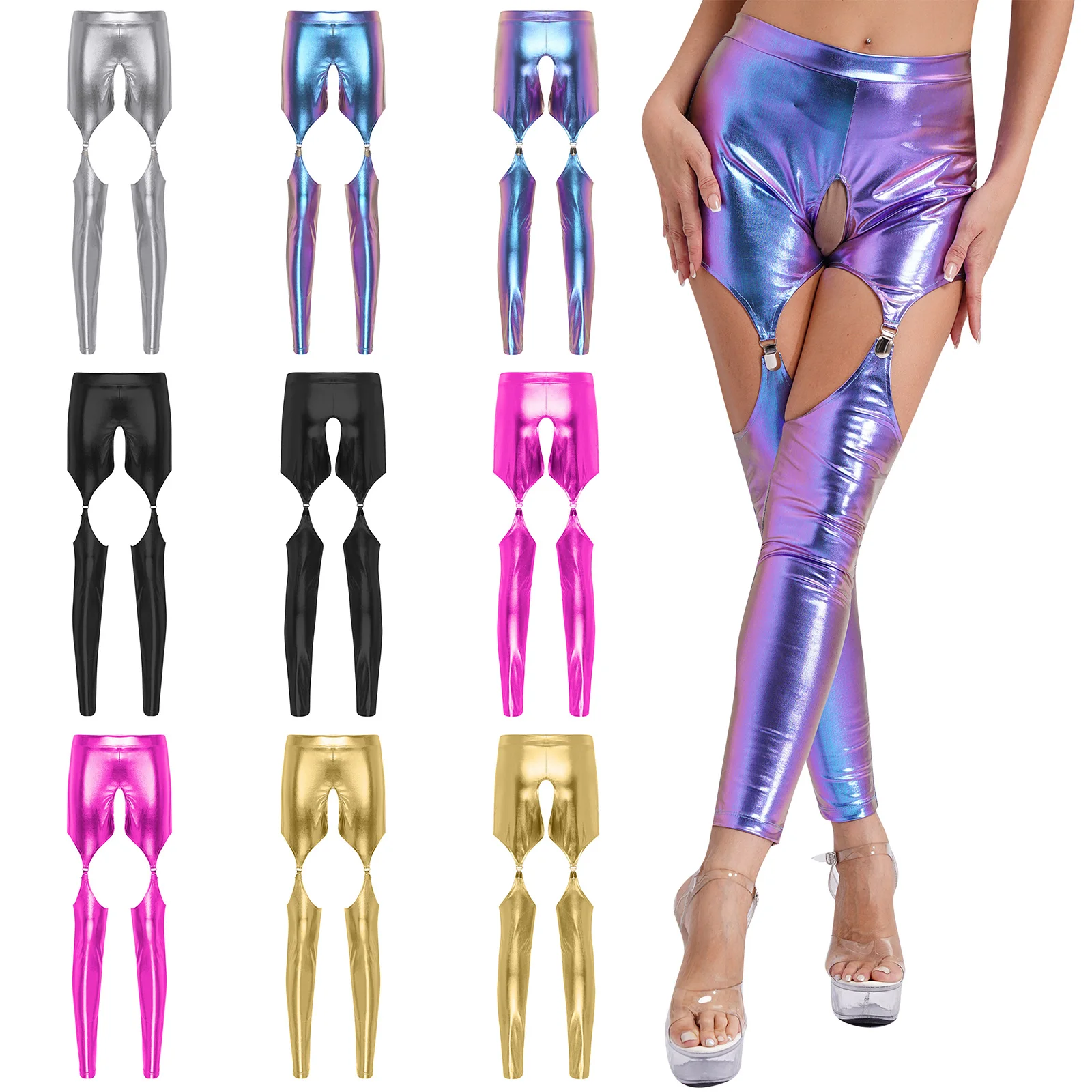 Womens Metallic Shiny Garter Leggings with Metal Clips High Waist Open Crotch Cutout Tights Skinny Long Pants Clubwear Costume