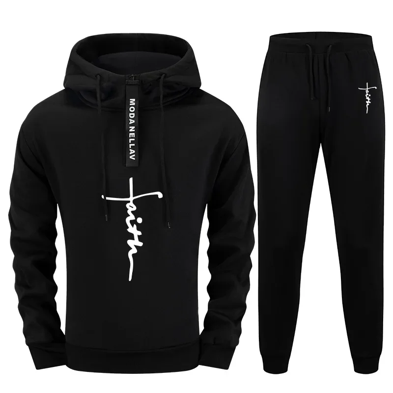 

Autumn Winter Outfit Faith Hoodie Set 2025 New Mens Tracksuit Half Zip Hooded Sweatshirt Jogger Pants Urban Casual Sportswear