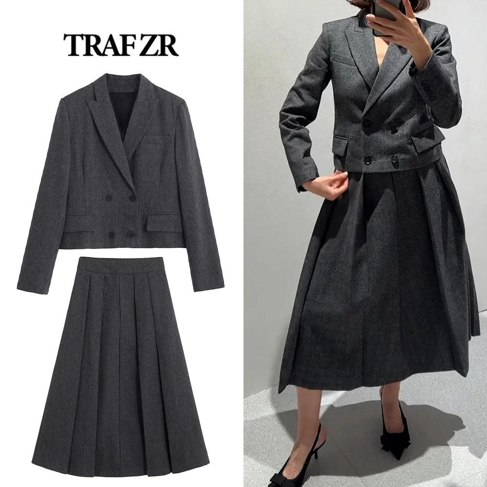 TRAF ZR Comboset Elegant Women's Hottest Set Herringbone Blazer with Double Breasted Button Matching A-line Box Pleat Midi Skirt