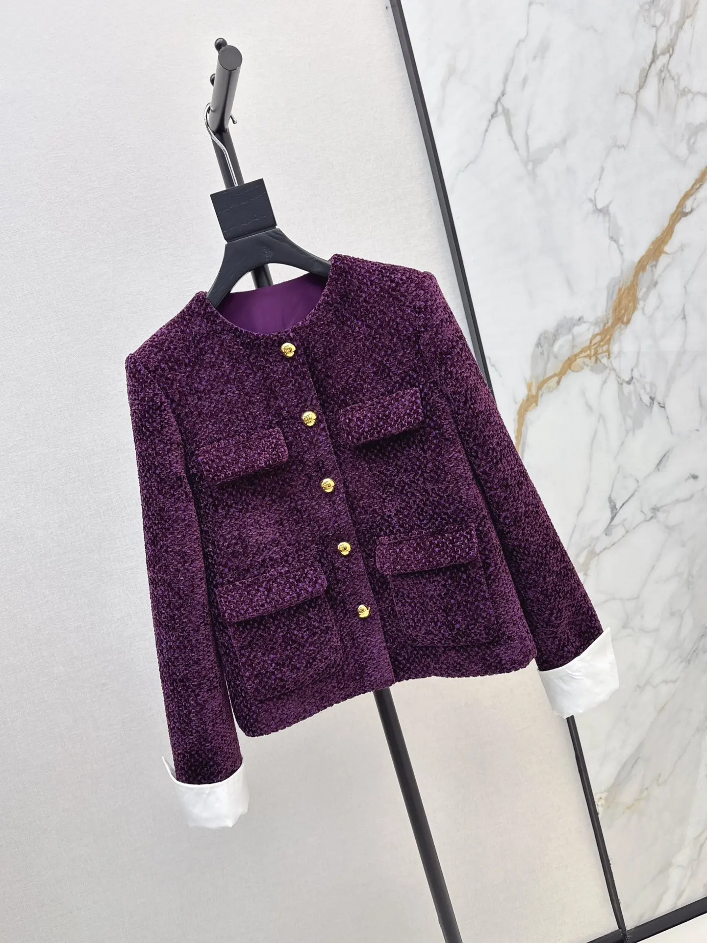 2024 Autumn New High Quality Women's Clothing Elegant grape purple rough tweed patchwork jacket 0907