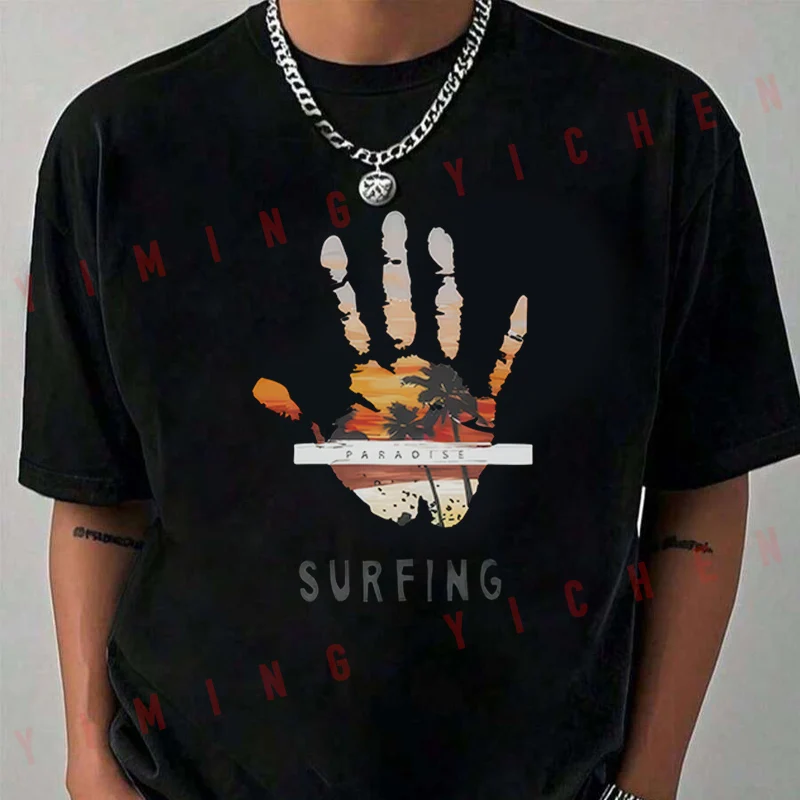 Retro Surfing Style Palm Tree Hand Beach Paradise Letter Motorcycle T-Shirt Men Hip Hop Unisex Casual Fashion Short Sleeve Tops