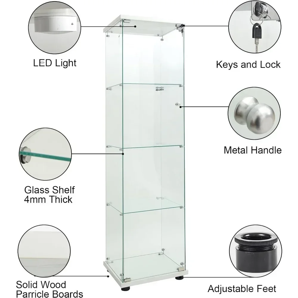 XMSJ-Armário de vidro de piso com luzes LED, óculos transparentes, cabine de exibição, 64.7 Polegada, 4 prateleiras