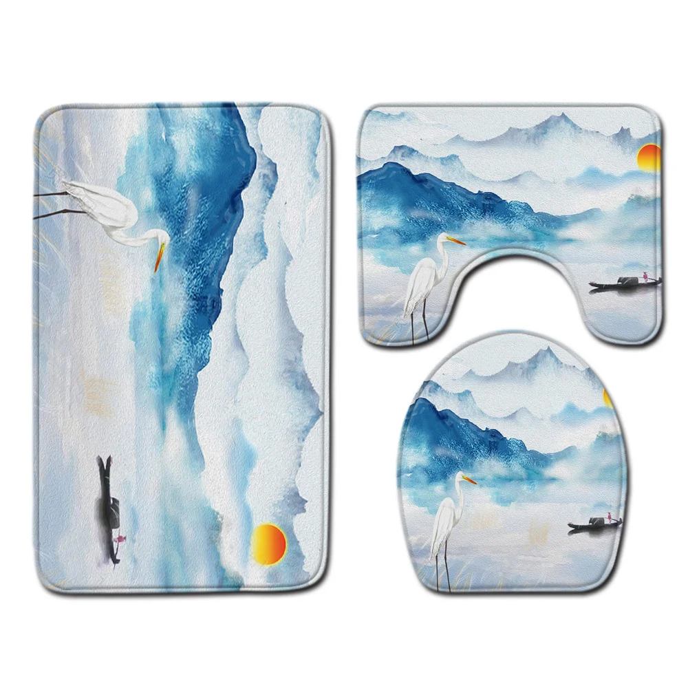 

waterInk Mountain Water Landscape Bathroom 3-piece set landscape non-slip Carpet U-Shaped Mat Toilet Seat mat Super Absorbent