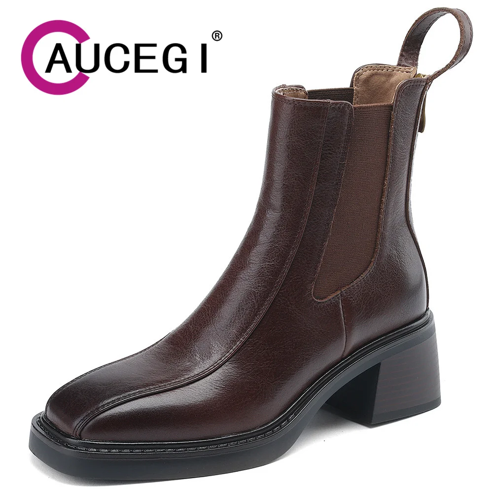 

Aucegi Fashion Genuine Leather Chelsea Ankle Boots Autumn Winter Casual Chunky Heels Vintage Square Toe Brand Designer Shoes