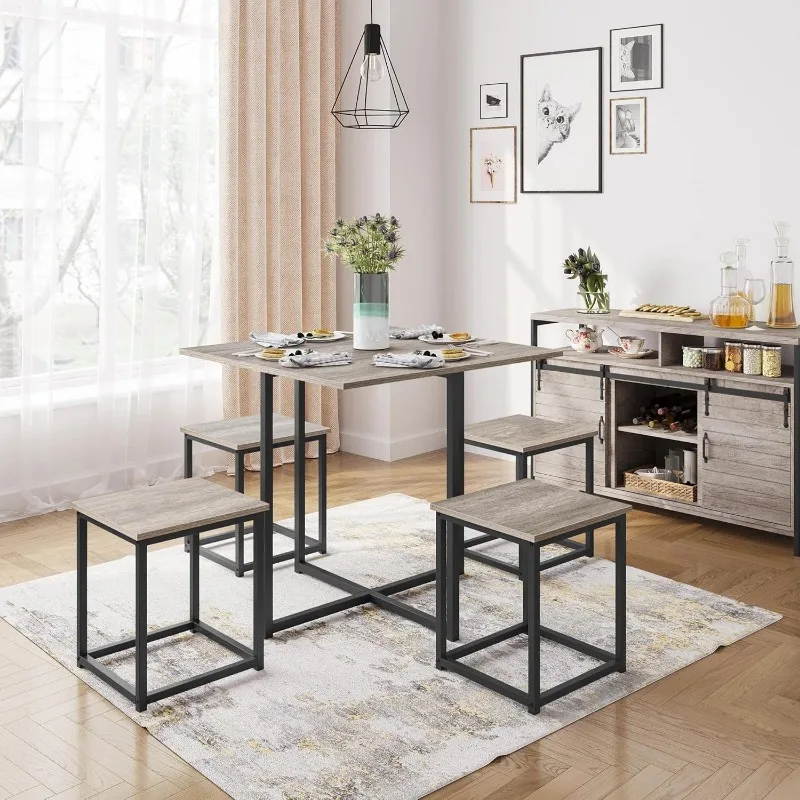 5-Piece Dining Table Set - Industrial Kitchen & Chairs Sets for 4 Compact with Stools Space-Saving Design Apartment, Small Space