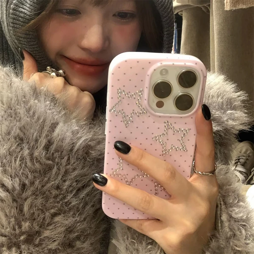 Korean Y2K Chic Glitter Rhinestone Star Phone Case For iPhone 16 15 14 13 Pro Max Cute Polka Dot Cover Stylish Girl Shell