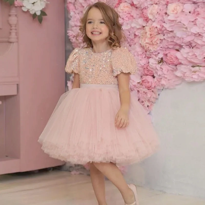 Pink Puffy Flower Girl Dresses Round Neck Short Sleeves With Sequin Top For Wedding Birthday Party First Communion Gowns