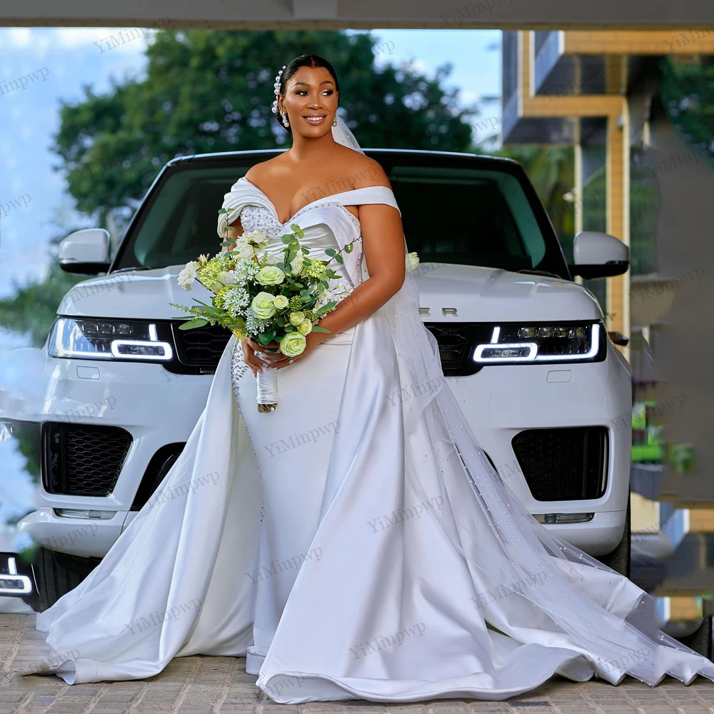 

Luxuries 2 In 1 Weddings Dresses Bridal Off Shoulder Beaded Pleat Vestido De Novia Boda Detachable Train Customized Corset Back