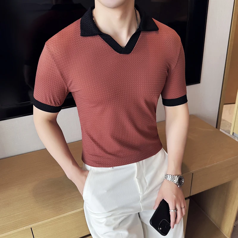 

Men's Short Sleeved Ice Silk Polo Shirt Summer Fashion Versatile Slim Fit Casual T-shirt Splicing Business V-neck T-shirt 2025