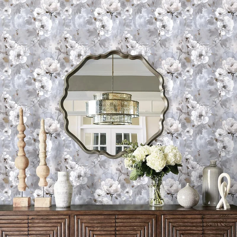 Papel de parede floral com casca e bastão, contato vintage, 16,9 polegadas x 118,1 polegadas, flor branca cinza