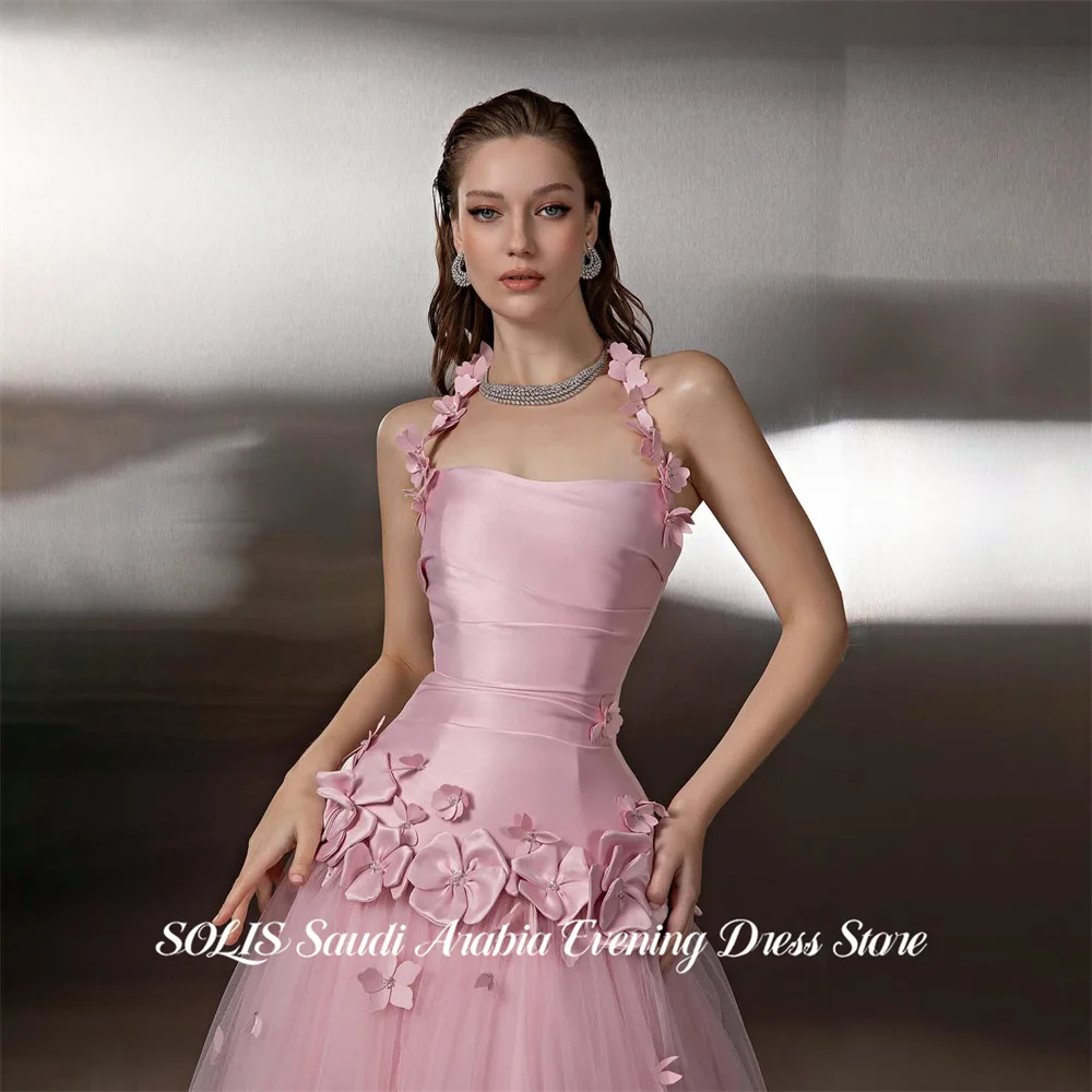 

SOLIS Pink Party Dress Halter Neck Evening Dresses Tulle A Line Party Gown with 3D Floral Prom Gown Sweet for Women Customized