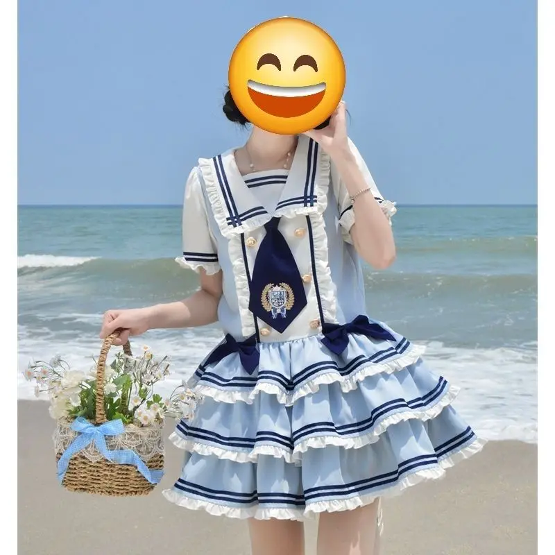 Japanese Sweet Sailor Lolita Dress Women Designer Light Blue White Ruffle Layered Puffy Skirt Kawaii Harajuku Outfit Chic Retro view 4