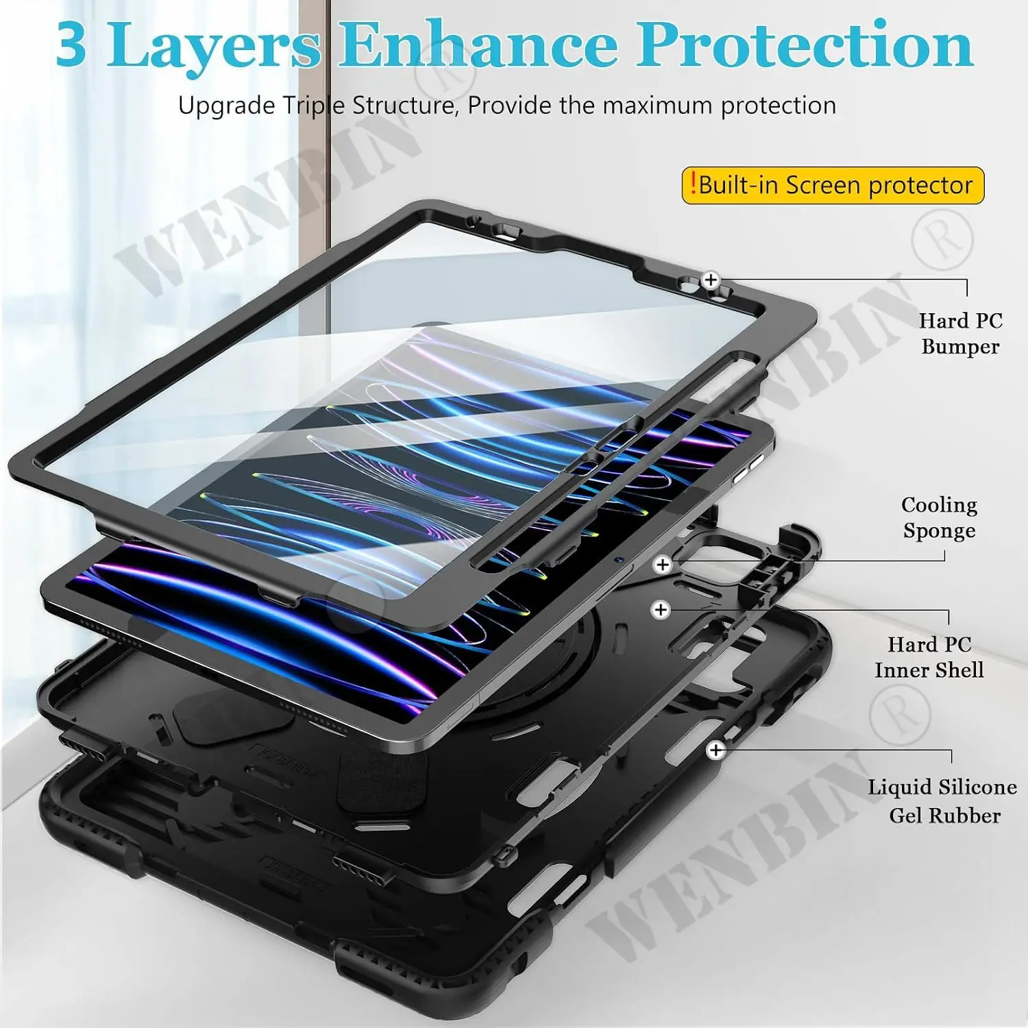 Case For iPad Pro 11 2018/2022 Air 4 Air 5 Air 11 2024/2026 Heavy Duty Rotating Shockproof Stand Hand Shoulder Strap Black Case