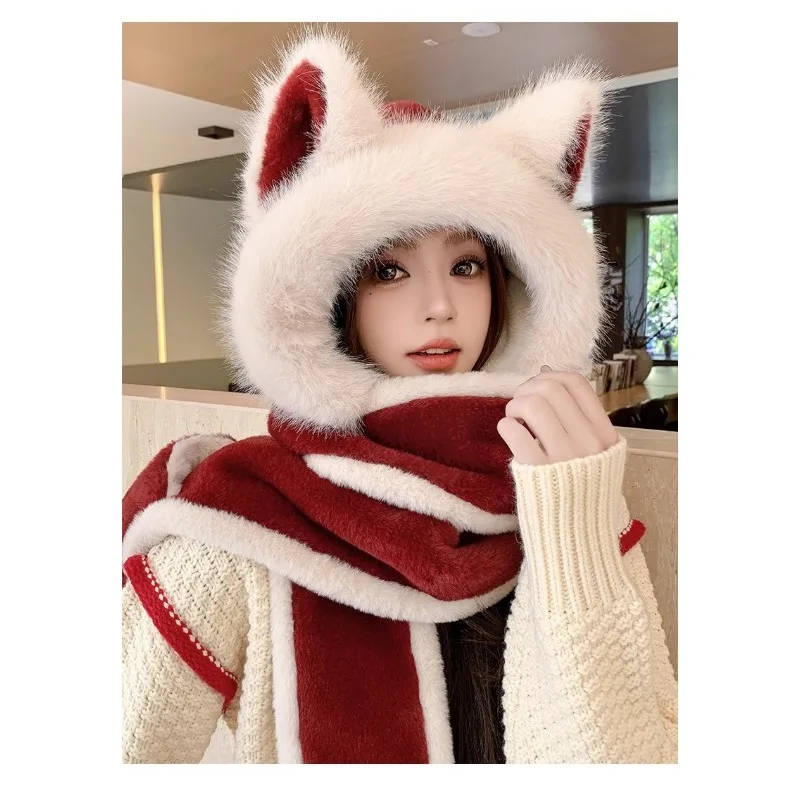 شتاء دافئ آذان الثعلب الأحمر أفخم قبعة وشاح قفازات الخريف والشتاء ركوب الدراجات قبعة الأذن التزلج #1