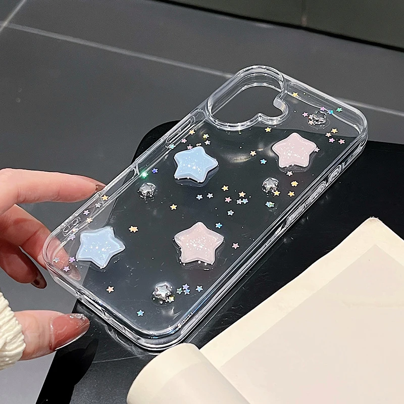 Wunderschöne, farbenfrohe 3D-Stern-Glitzer-Handyhülle für iPhone 16 18 Pro Max 17 Air 15 13 12 11 14 Plus mit transparenter Rückseite – Detail 14