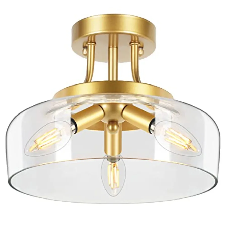 

3-Light Semi Flush Mount Light Fixture Modern Ceiling Light with Drum Glass Shade en Ceiling Lamp for Living Room Kitchen Bedro