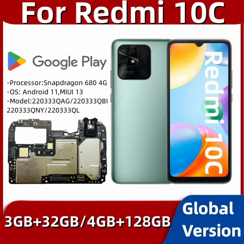 Mainboard for Xiaomi Redmi 10C, 64GB, 128GB, Global ROM, Motherboard PCB Module, Snapdragon 680 Processor